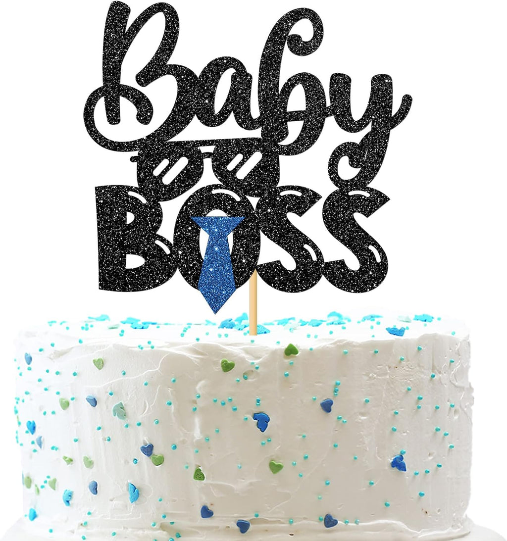 INNORU Boss Boy Cake Topper, Baby Boy 1st Birthday Cake Decor, Baby Shower, Gender Reveal Party Decoration Supplies, Black Glitter