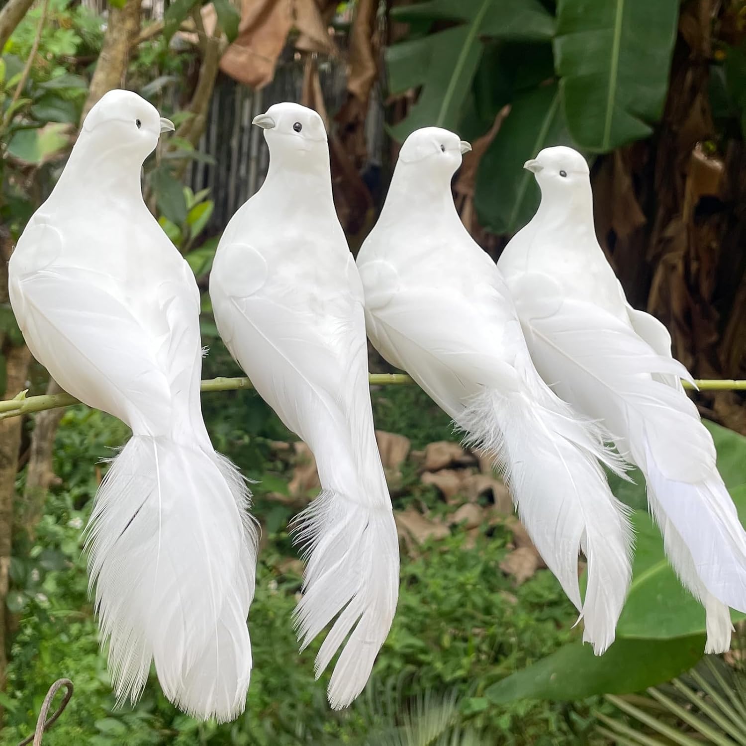 4pcs White Peace Doves Love Birds 8-Inch Clip on Feathered Birds Ornaments for Christmas Tree Decorations Wedding Cake Centerpieces Bird Cage Wreath Crafts Floral Arrangement