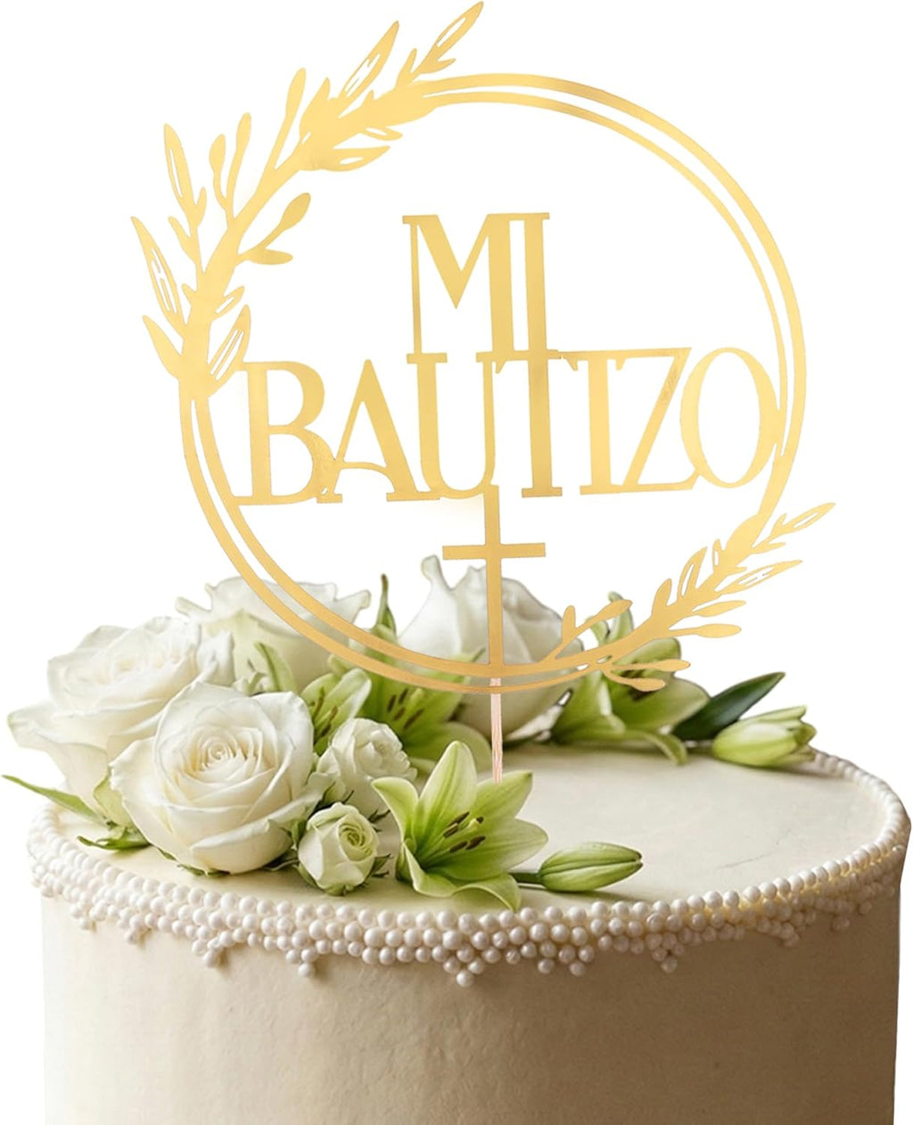 God Bless Baptism Cake Topper - Divine Celebration Elegant Cake Decor for Christening & Holy Communion, Keepsake Cross Design (Mi Bautizo Gold Mirror)