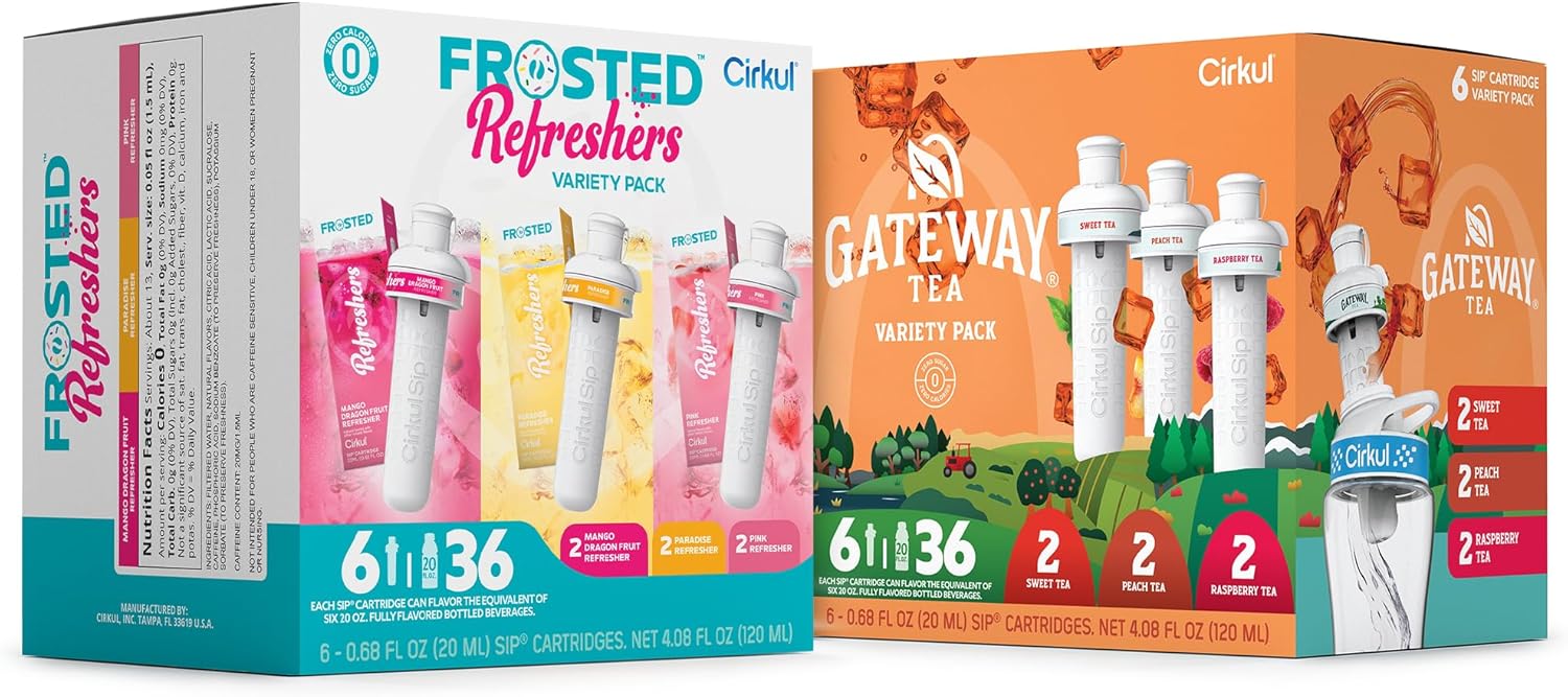 Cirkul Variety Pack Bundle with Caffeine, Flavored Water Cartridge 12-Pack (Frosted Refreshers, Gateway Tea), No Sugar, Zero Calorie Drink Mix