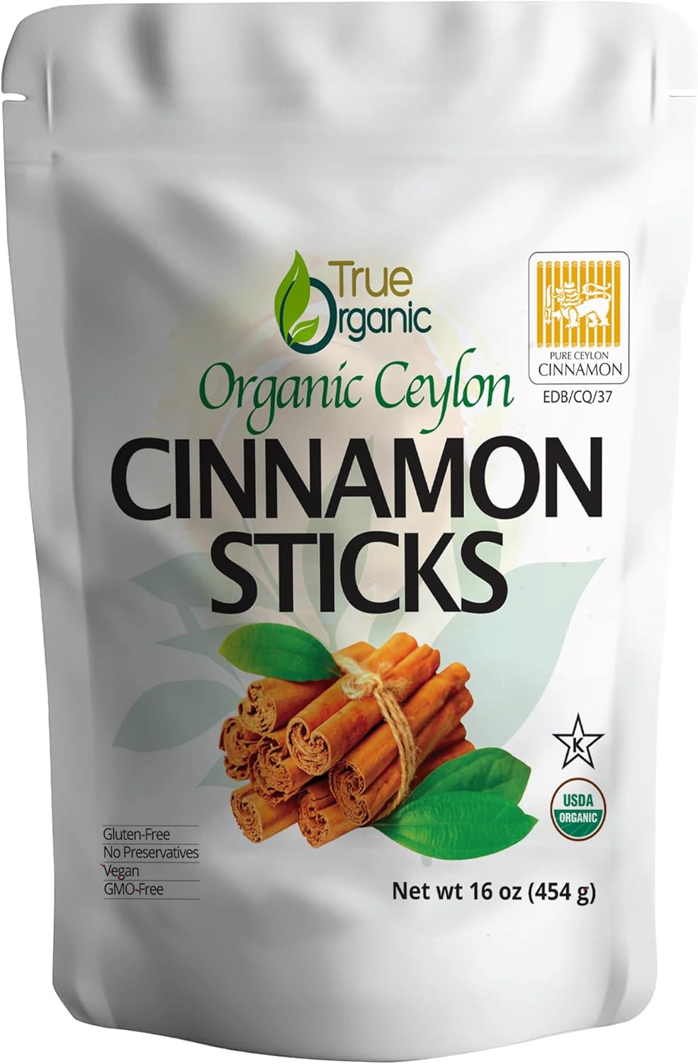 True Organic Ceylon Cinnamon Sticks, 16 Oz Bulk Bag, USDA Organic & Kosher Certified, Non-GMO, Ceylon Cinnamon stick, Perfect for Baking, Cooking, Drinks & Beverages, Pure Ceylon Premium Quality [01 Pound]