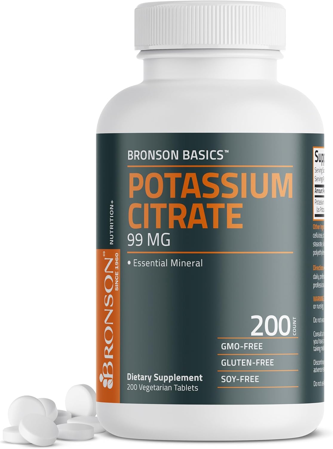 Bronson Potassium Citrate 99mg Essential Mineral Non-GMO, 200 Vegetarian Tablets