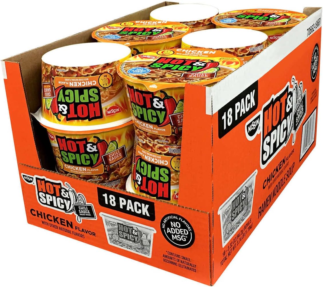 Nissin Hot and Spicy Chicken Flavor Ramen Noodle Soup, 3.32 Ounce (Pack of 18)