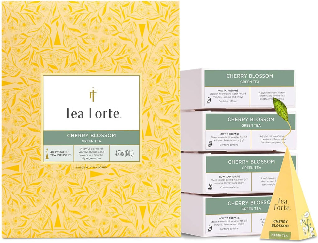 Tea Forte Cherry Blossom Premium Caffeinated Green Tea Blend Event Box, Bulk Pack 40 Count, 10 per tray Individually Wrapped Handcrafted Pyramid Infusers