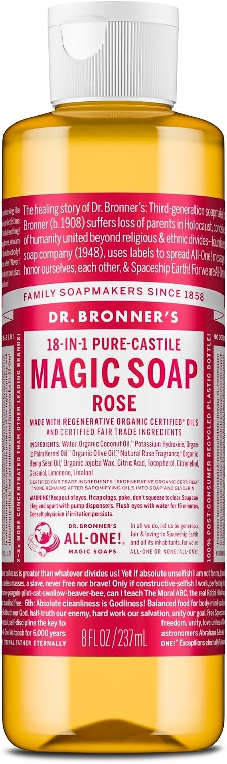 Dr. Bronner's - Pure-Castile Liquid Soap (Rose, 8 ounce) - Made with Organic Oils, 18-in-1 Uses: Face, Body, Hair, Laundry, Pets and Dishes, Concentrated, Vegan, Non-GMO