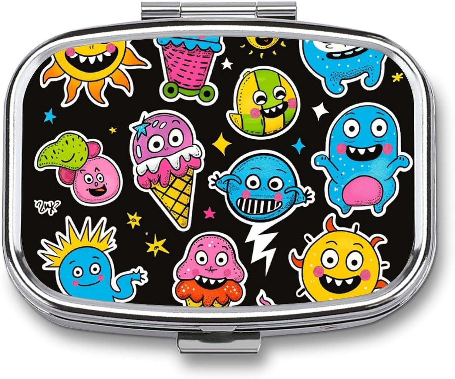 Ice Cream and Sun Pill Box Small Pill Organizer with 2 Compartments and Mirror Portable Travel Metal Pillcase for Pocket Or Purse, Privacy-Protecting Medicine Box