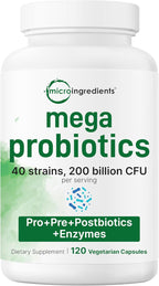 Micro Ingredients Probiotics 200 Billion CFU, 120 Veggie Capsules | Mega Probiotics for Men & Women | 40 Strains with Prebiotics, Postbiotics & Digestive Enzymes | Gut, Immune & Digestive Health