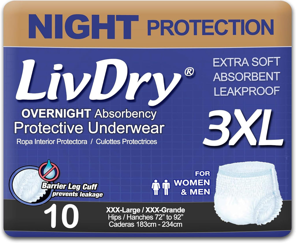 LivDry 3XL Overnight Adult Diapers for Women and Men, XXXL Incontinence Underwear, 72”-92" Waist, Disposable Pull-On Briefs, XXX-Large, 10 Count