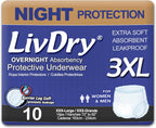LivDry 3XL Overnight Adult Diapers for Women and Men, XXXL Incontinence Underwear, 72”-92" Waist, Disposable Pull-On Briefs, XXX-Large, 10 Count