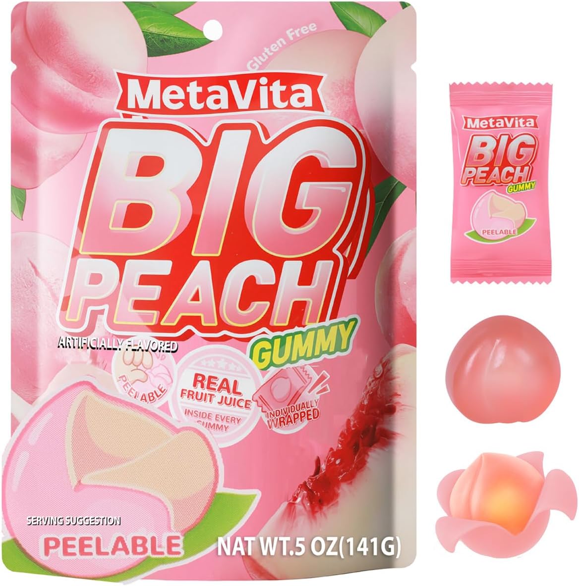 MetaVita 5oz - Big peach Gummy Candy – Individually Wrapped Peelable peach Gummies with Real Puree – Chewy Peach Flavor Treat for Kids and Adults–