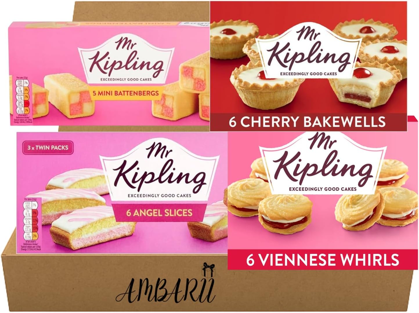 AMBARII Mr Kipling Variety Pack, 4 Pack, Mini Batternberg, Cherry Bakewell, Angel Cake, Viennese Whirls, Cake Variety Pack