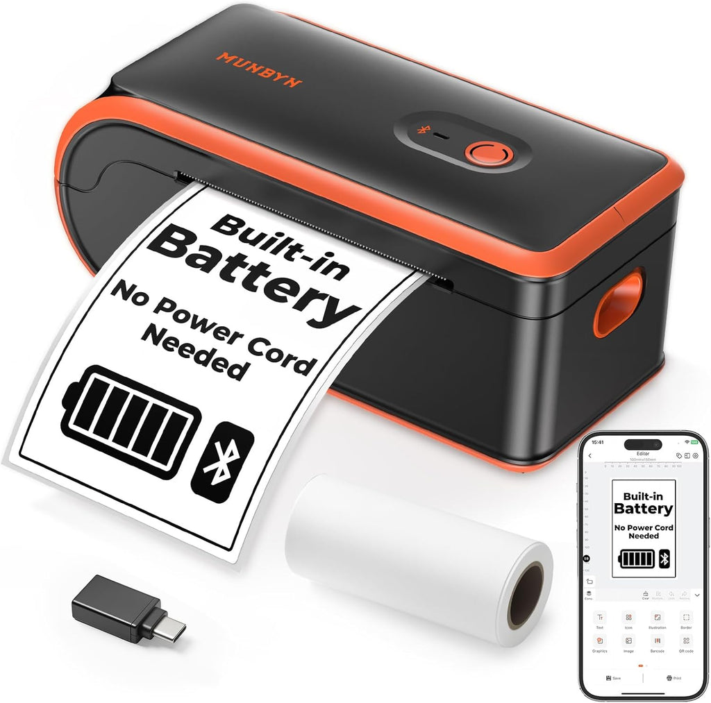 MUNBYN MC240 Bluetooth Thermal Label Printer with Battery, Built-in Paper Bin, Portable Wireless 4×6 Shipping Label Printer, Compatible with iOS, Android, Windows, Mac, Works for Small Business