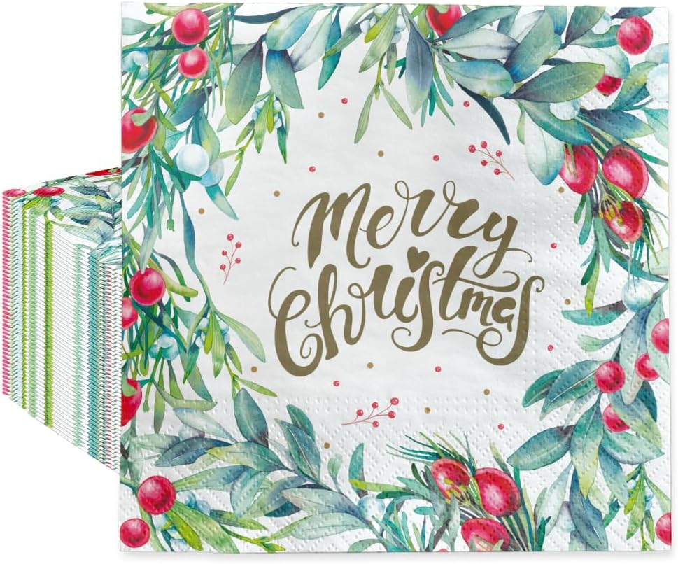 PAW - Christmas Luncheon Napkins 6,5'' x 6,5'', Merry Christmas Disposable Floral Paper Napkins, Lunch Napkins for Winter Birthdays, Parties, New Years, Decoupage, 50 Count