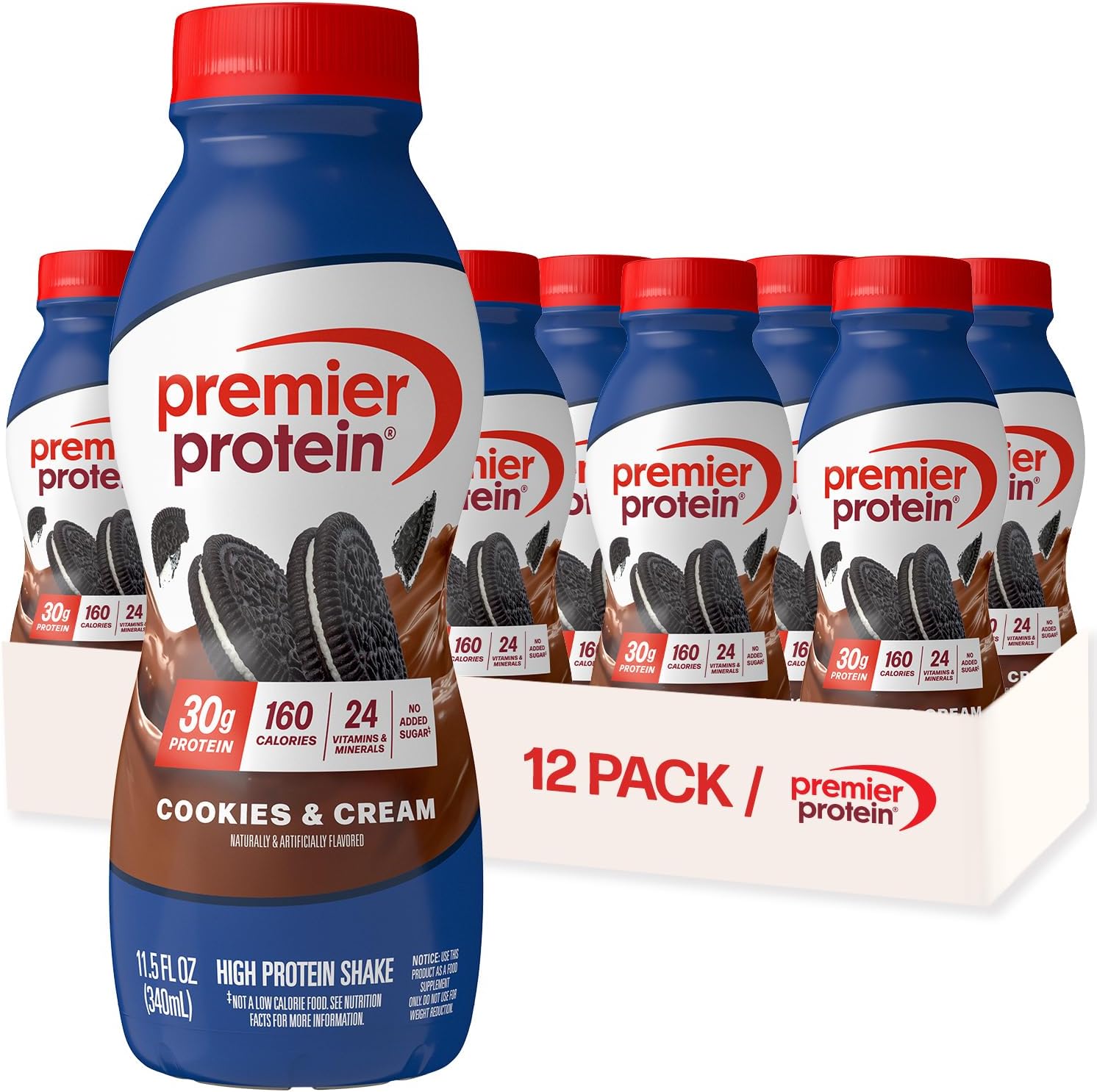 Premier Protein Shake, Cookies & Cream, 30g Protein, No Added Sugar, 24 Vitamins & Minerals to Support Immune Health, 11.5 fl oz, 12 Pack