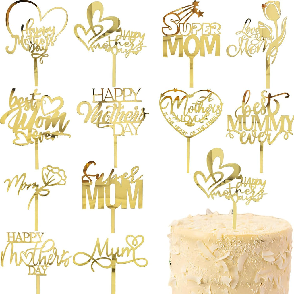 12Pcs Happy Mother's Day Cake Topper Acrylic Cake Topper Mothers Day Cupcake Topper Heart Rose Flower Best Mom Shaped Cake Picks Cake Accessories for Birthday Mother's Day Gifts Cake Decor (Gold)