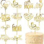 12Pcs Happy Mother's Day Cake Topper Acrylic Cake Topper Mothers Day Cupcake Topper Heart Rose Flower Best Mom Shaped Cake Picks Cake Accessories for Birthday Mother's Day Gifts Cake Decor (Gold)