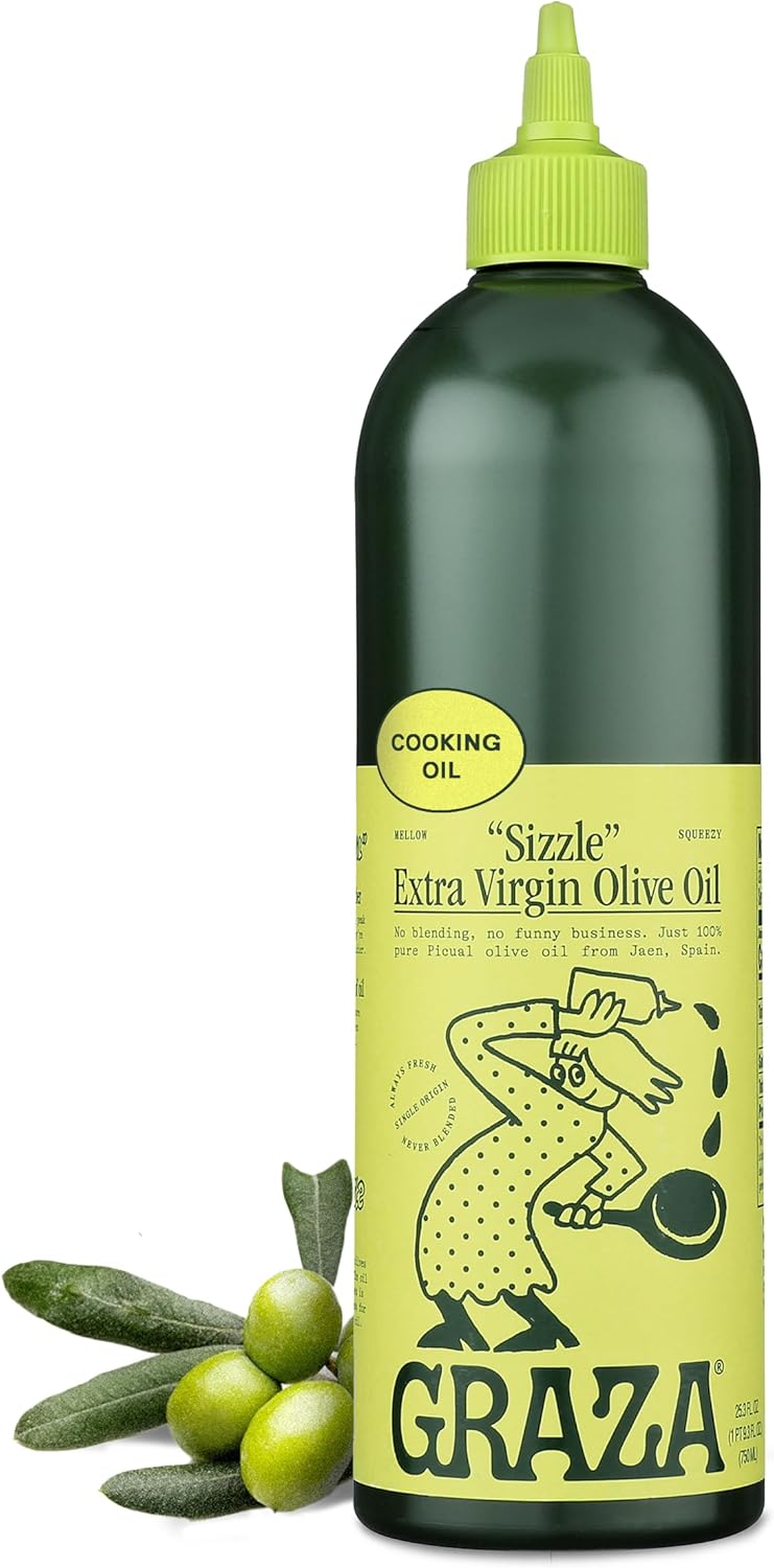 Graza Sizzle Extra Virgin Olive Oil, Cooking Oil - High Polyphenol Peak Harvest EVOO Cooking Oil in a Squeeze Bottle - Single Origin Olive Oils from Spain - 25.3 Fl Oz (750ml)