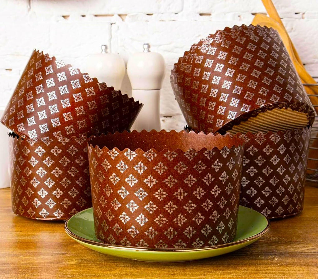 15 oz Panettone Paper Mold | 12 Pack | Easter Bread Forms Paska Mold Kulich Round Non Stick Panettone Paper Baking Molds Universal Brown Silver Design
