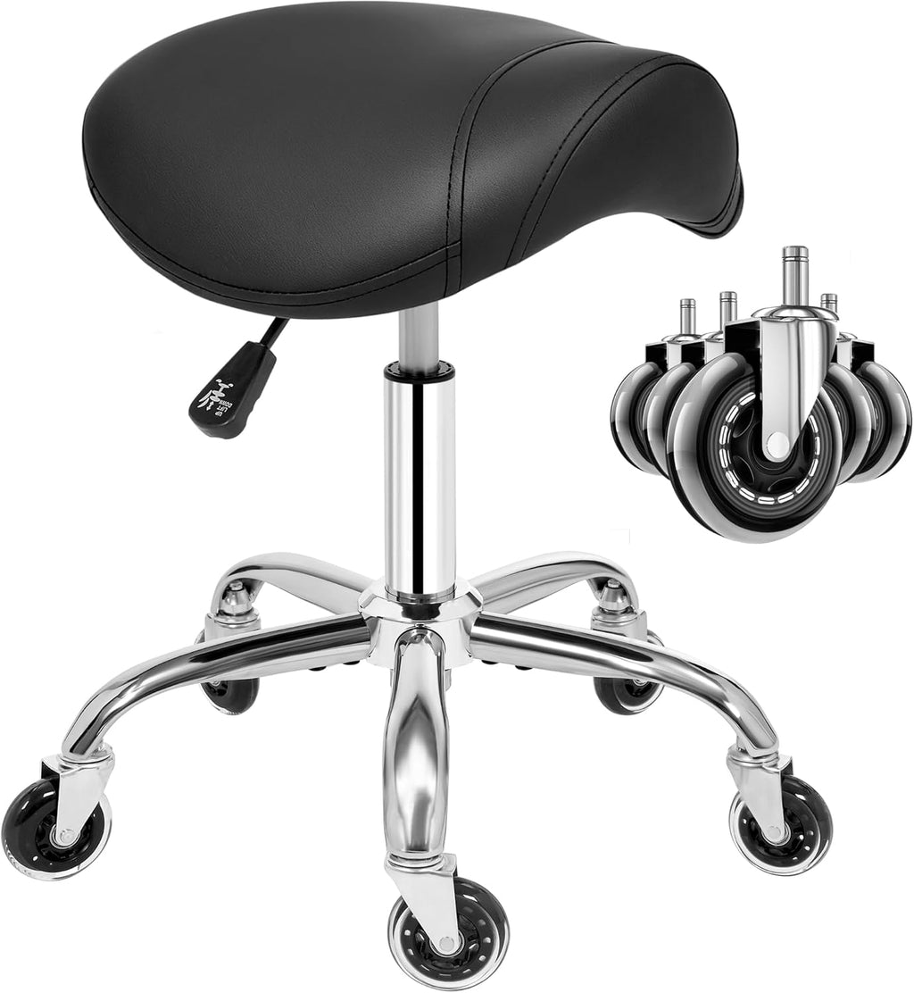 ANWBROAD Saddle Stool with Wheels Ergonomic Swivel Adjustable Rolling Stool with PU Leather Thick Wide Saddle Seat Padding Comfortable Rolling Saddle Chair for Salon Massage Clinic Black UWSS001B