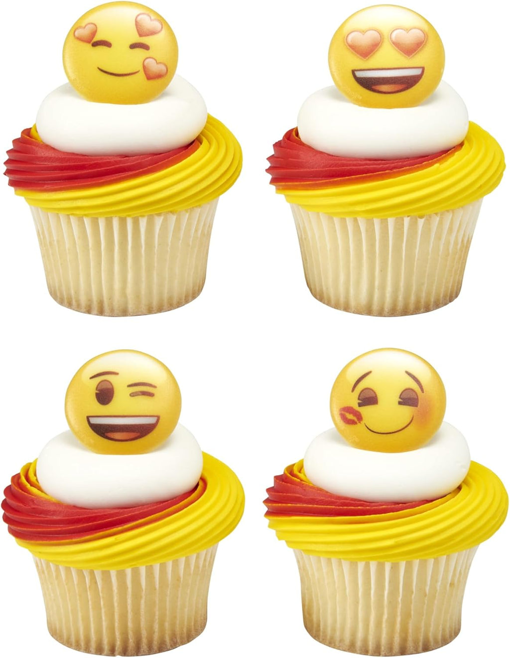 DecoPac Emoji Heart Cupcake Rings, 24 Cupcake Decorations Featuring Emoji Faces, Cupcake Toppers, Food Safe For Birthdays, Celebrations, Valentine's, Anniversary, Wedding – 24 Pack