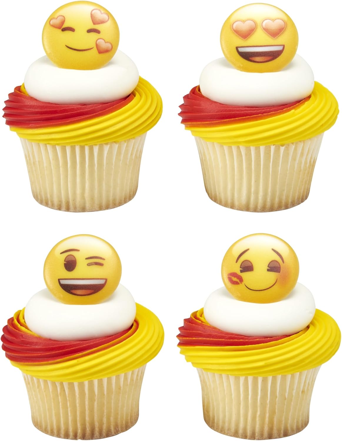 DecoPac Emoji Heart Cupcake Rings, 24 Cupcake Decorations Featuring Emoji Faces, Cupcake Toppers, Food Safe For Birthdays, Celebrations, Valentine's, Anniversary, Wedding – 24 Pack