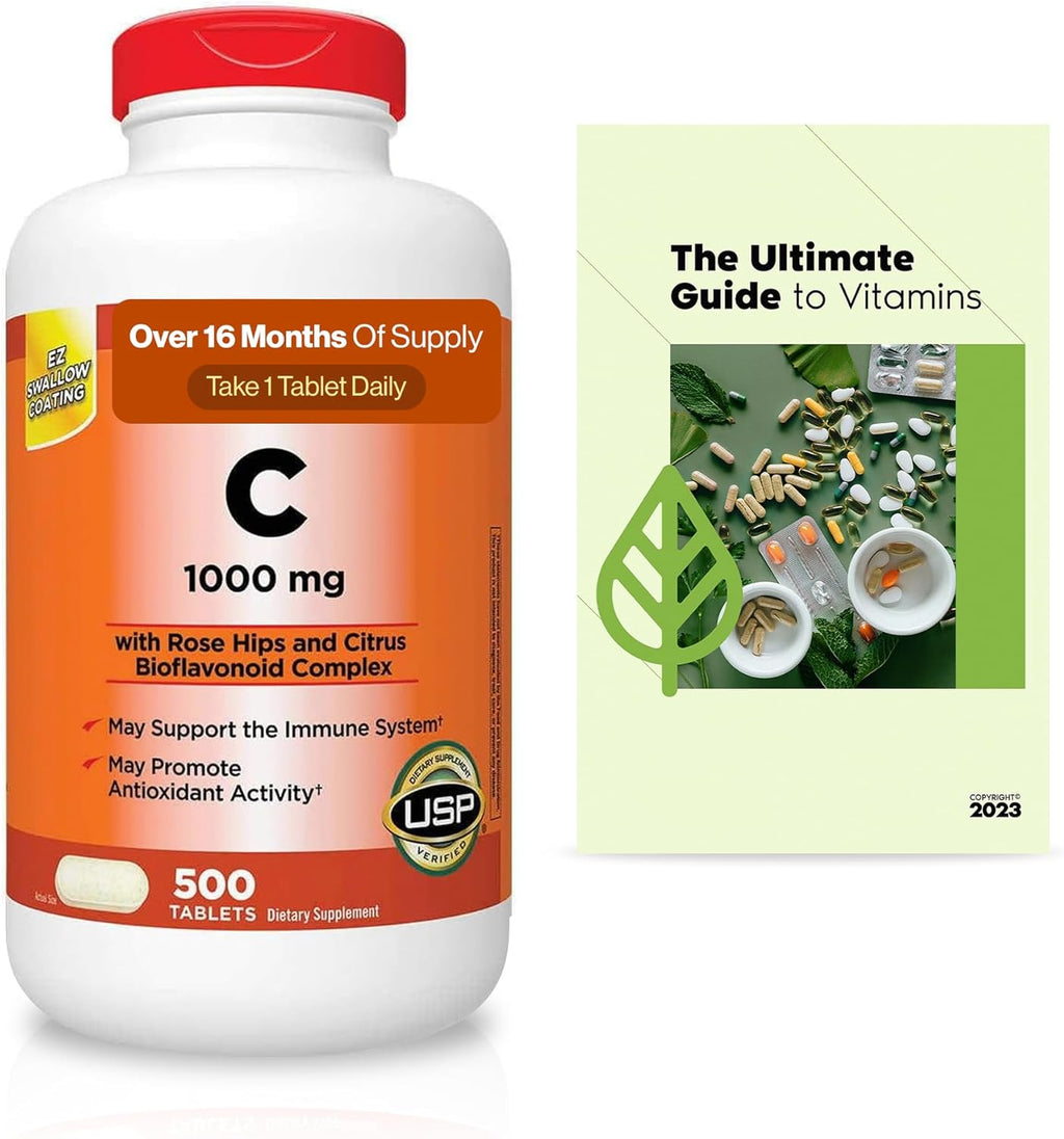 KKL Extra Strength Vitamin C 1000 mg, 500 Count, Immune & Antioxidant Support, Daily Dietary Supplement + Exclusive Vtmx Vitamin Guide (2 Items)