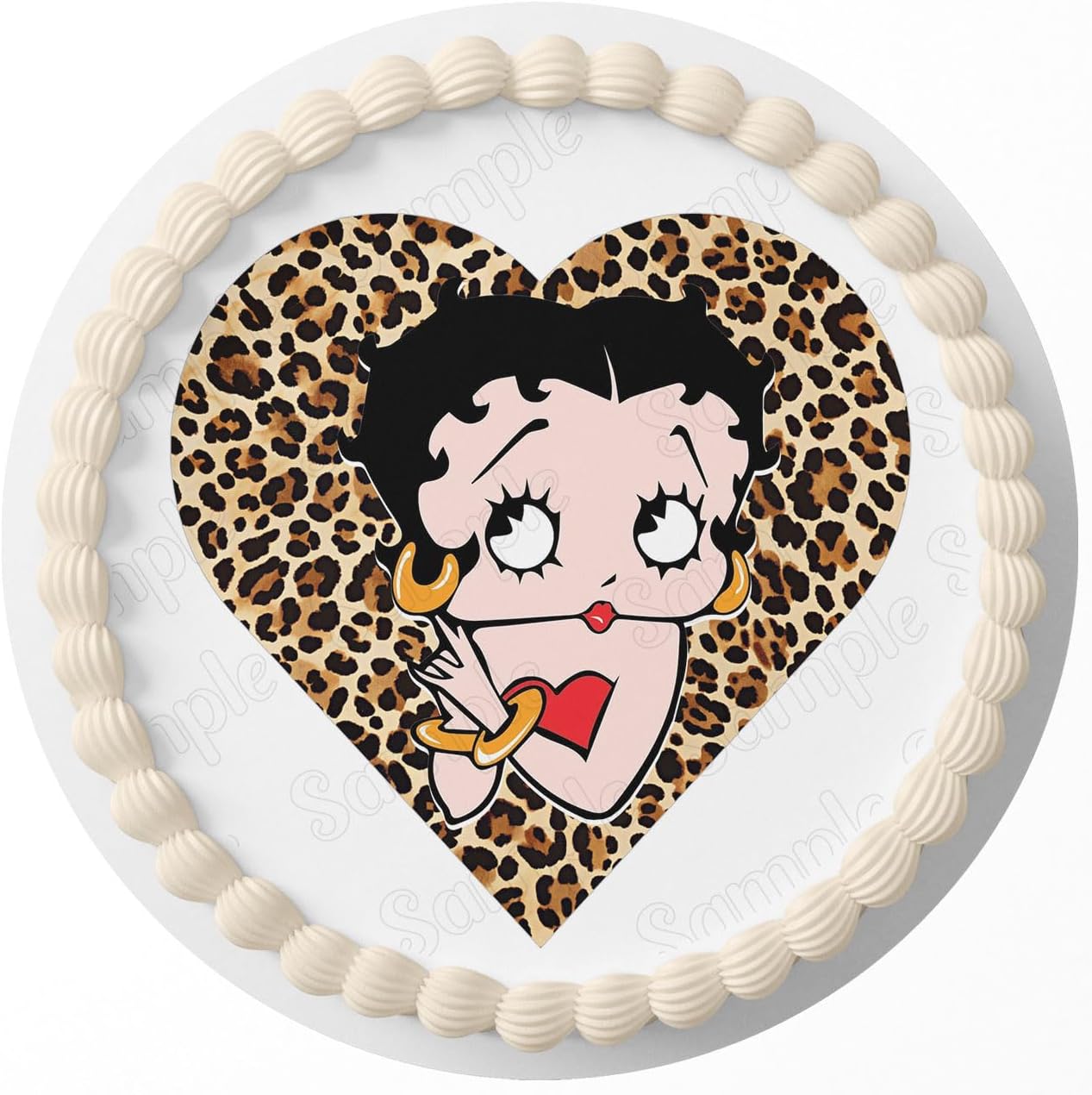 7.5 Inch Edible Cake Topper – Betty Leopard Boop Heart Themed Birthday Party Collection of Edible Cake Decorations round
