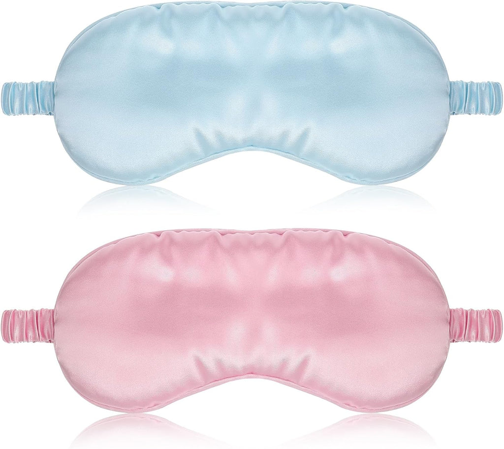 Nogeqi 2 Pack Silk Sleep Masks for Women, Blackout Soft Eye Masks for Sleep with Elastic Strap, Satin Eye Covers for Sleeping Blindfold for Travel Night Eyeshade, Zero Pressure (Pink, Blue)
