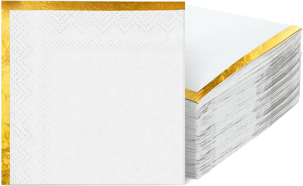 200 Pcs White Napkins with Gold Trim 2 Ply Cocktail Napkins Disposable Decorative Golden Foil Edge Dessert Beverage Napkin Paper for Wedding Reception Birthday Party Anniversary