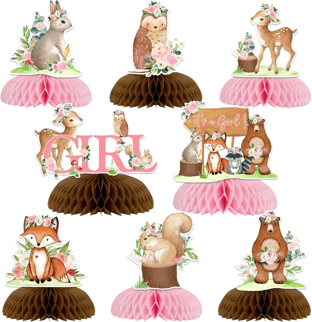 8 Pieces Woodland Animals Baby Shower Honeycomb Centerpieces for Girls, Pink Floral Woodland Table Decorations, Forest Animal Theme Party Supplies