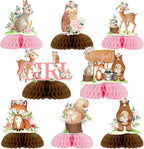 8 Pieces Woodland Animals Baby Shower Honeycomb Centerpieces for Girls, Pink Floral Woodland Table Decorations, Forest Animal Theme Party Supplies