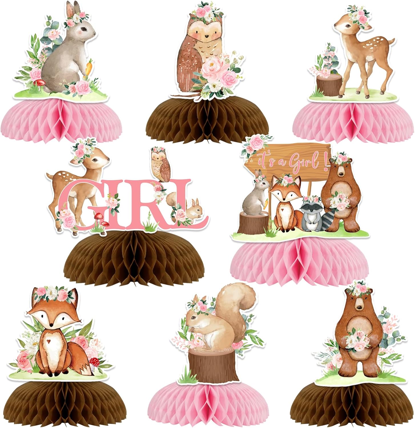8 Pieces Woodland Animals Baby Shower Honeycomb Centerpieces for Girls, Pink Floral Woodland Table Decorations, Forest Animal Theme Party Supplies