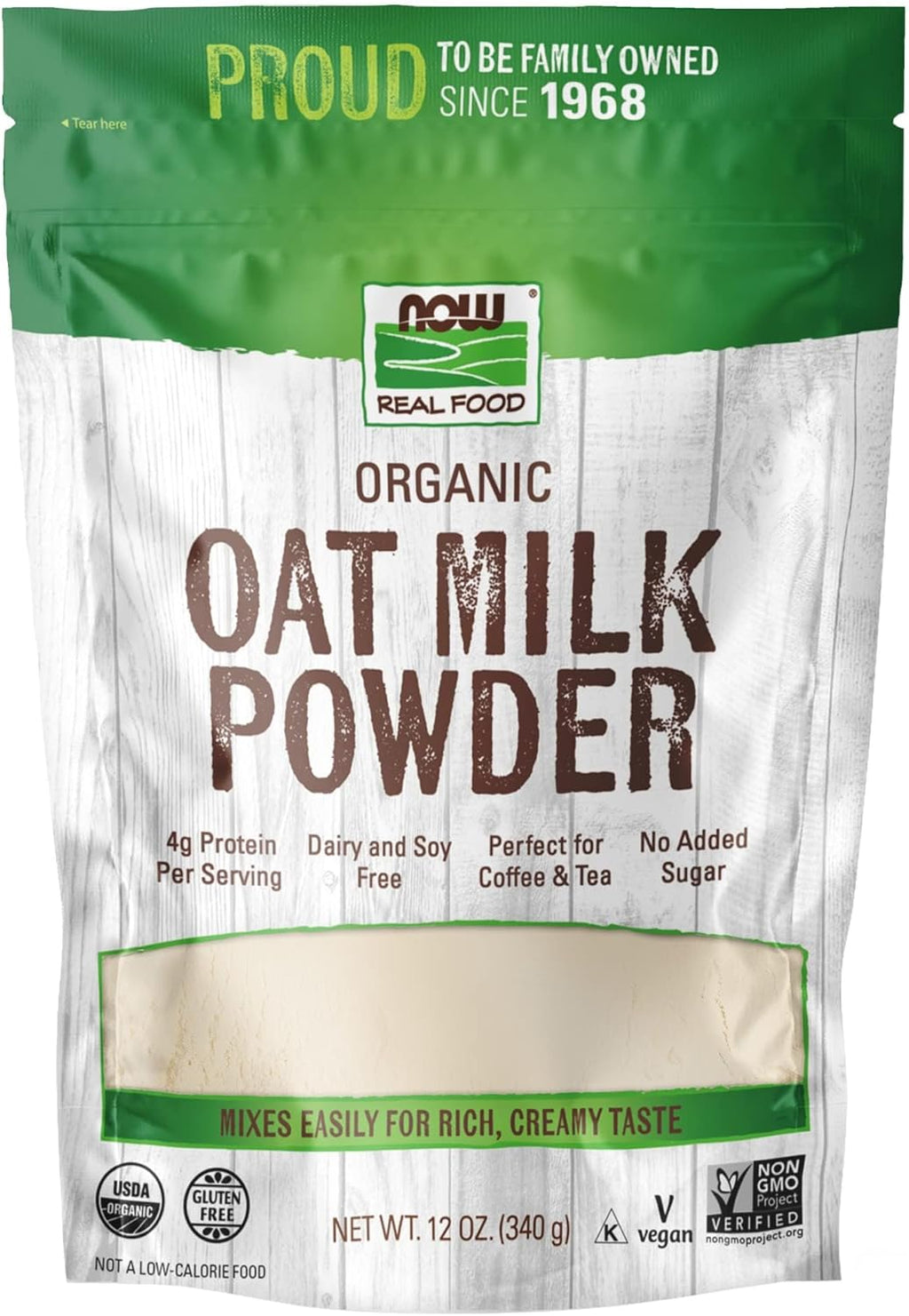 NOW Foods, Organic Oat Milk Powder, Dairy and Soy Free, No Sugar Added, Vegan, NGMO, Gluten Free, 12 Ounce