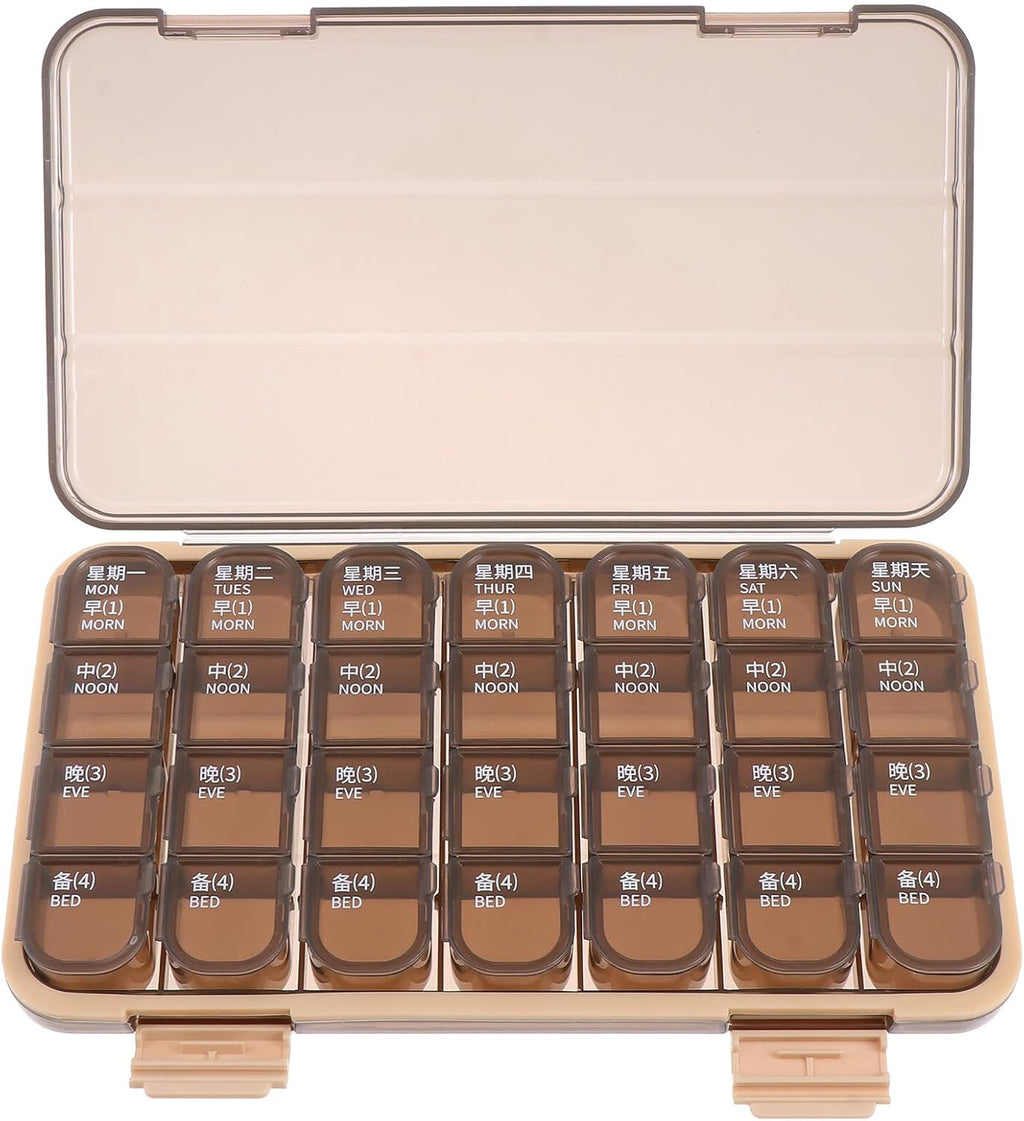 GLEAVI Portable Weekly Pill Organizer 7-Day 28 Compartments Medicine Storage Box with Sealing Lid Compact Mini Container for Travel and Daily Medication Management
