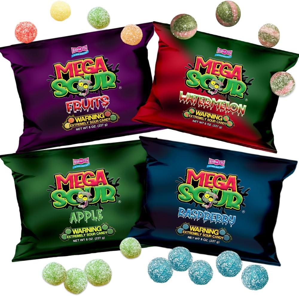 Barnetts Mega Sour Candy 4 Pack – Handmade British Sweets – Raspberry, Apple, Watermelon & Fruits – Gift or Party Treat (227 g x 4)