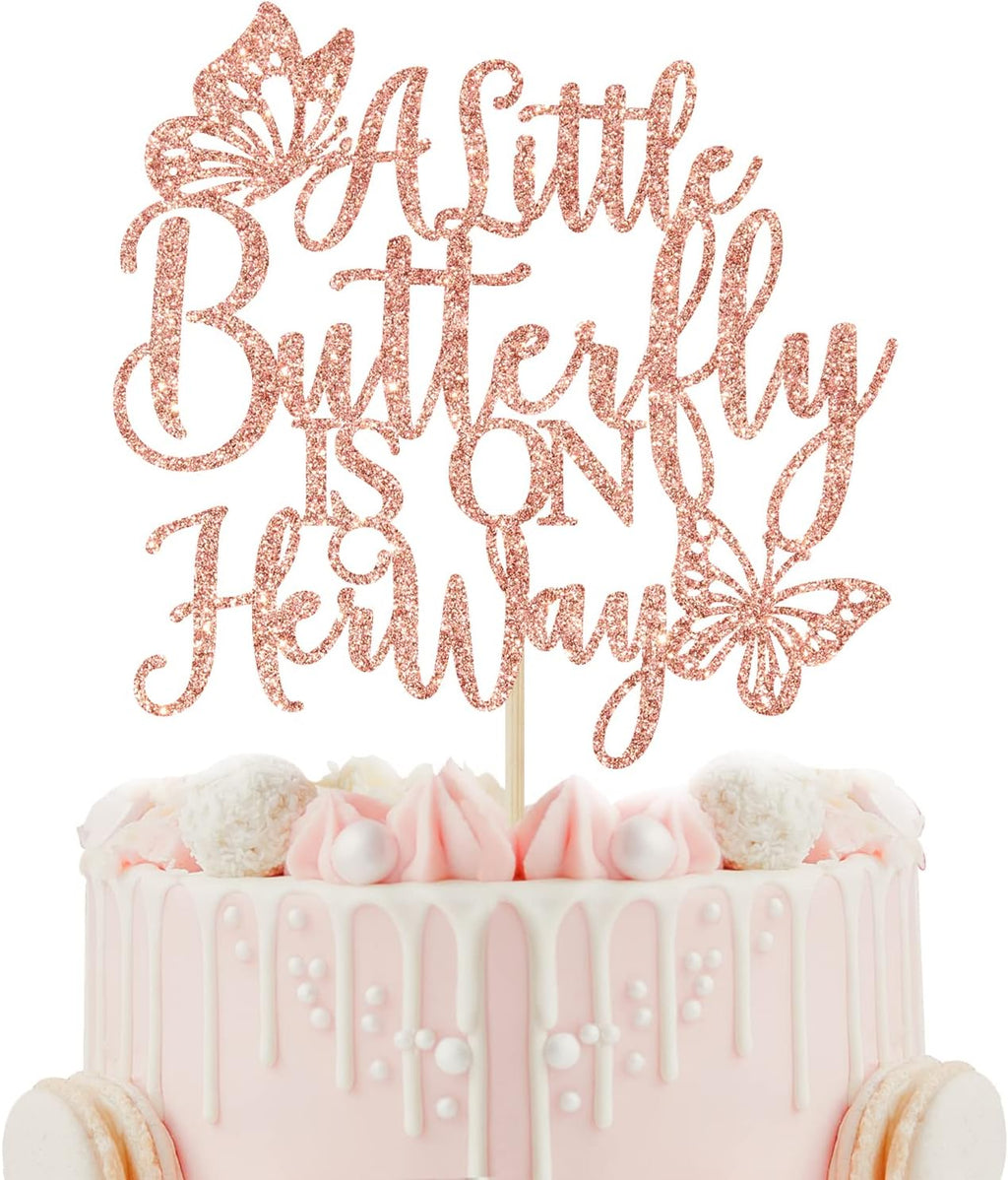 A Little Butterfly is on Her Way Cake Topper - Gender Reveal Baby Shower Cake Decor, Welcome Baby Girl, Butterfly Baby Shower Party Supplies, Rose Gold Glitter