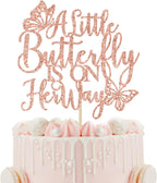 A Little Butterfly is on Her Way Cake Topper - Gender Reveal Baby Shower Cake Decor, Welcome Baby Girl, Butterfly Baby Shower Party Supplies, Rose Gold Glitter
