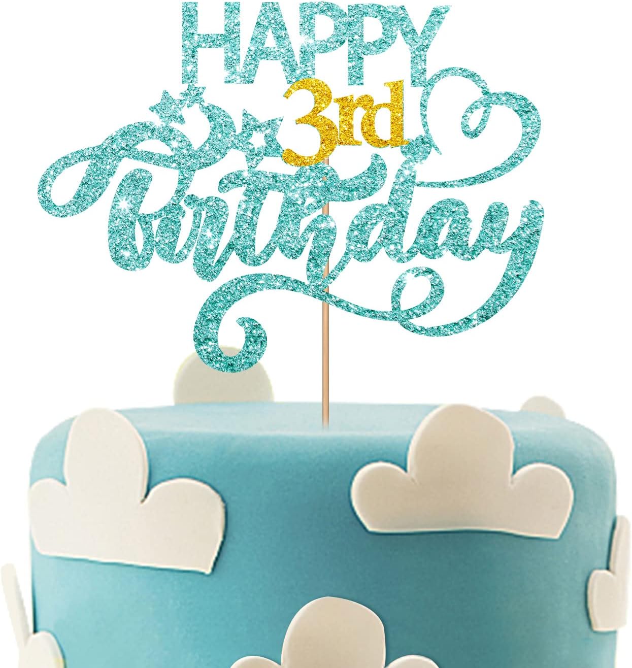 Sky Blue Glitter Happy 3rd Birthday Cake Topper, 6.3 x 3.5 Inches, 1 Piece, Perfect for Birthday Parties