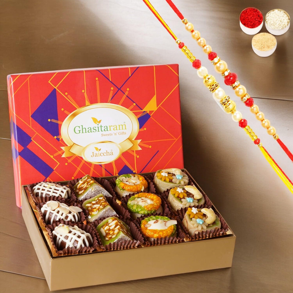 Ghasitaram Gifts Jaiccha Rakhi for Brother Exotic Dryfruit Sweets in Premium Box 12pcs with 2 Rakhis