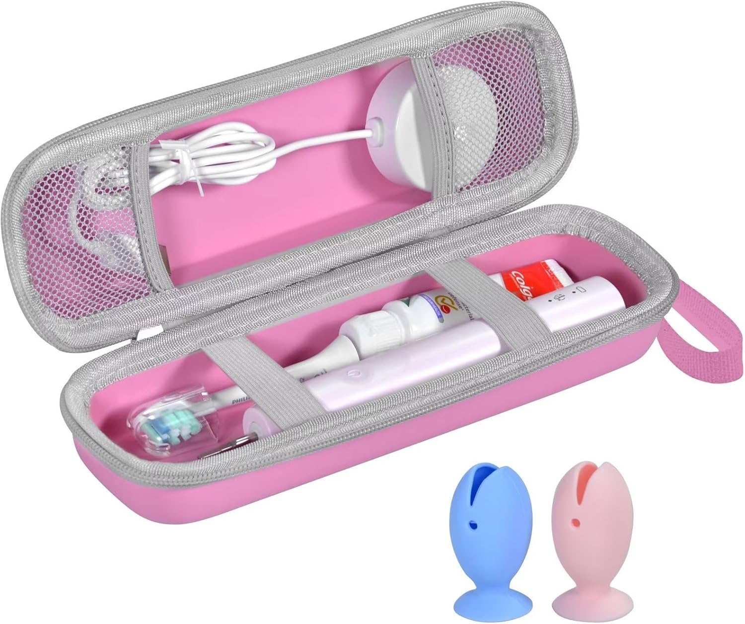 Travel Case for Oral-B/Oral-B Pro/Phlips Sonicare Electric Toothbrush with 2pcs Toothbrush Heads Cover Cap, Portable Hard Protective Storage Bag with Accessories Storage (Pink)