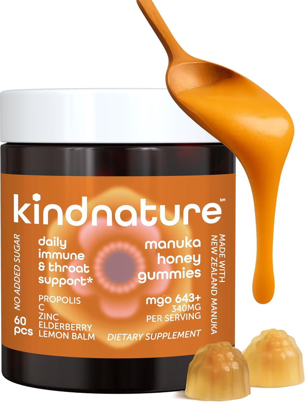KINDNATURE Manuka Honey Medical Grade Gummies MGO 643+ - New Zealand Manuka Honey with Zinc, Vitamin C, Elderberry - Throat Comfort & Immune Support - Kids & Adults