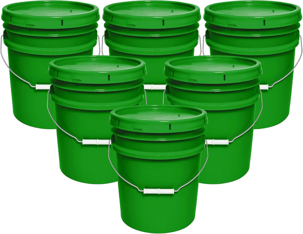MKS Plastics 5-Gallon Bucket with Airtight Lid – Made in USA, Food Grade BPA Free Plastic, Heavy Duty Multi-Use, Metal Handle with Grip, Stackable Storage – Green, 6 Pack