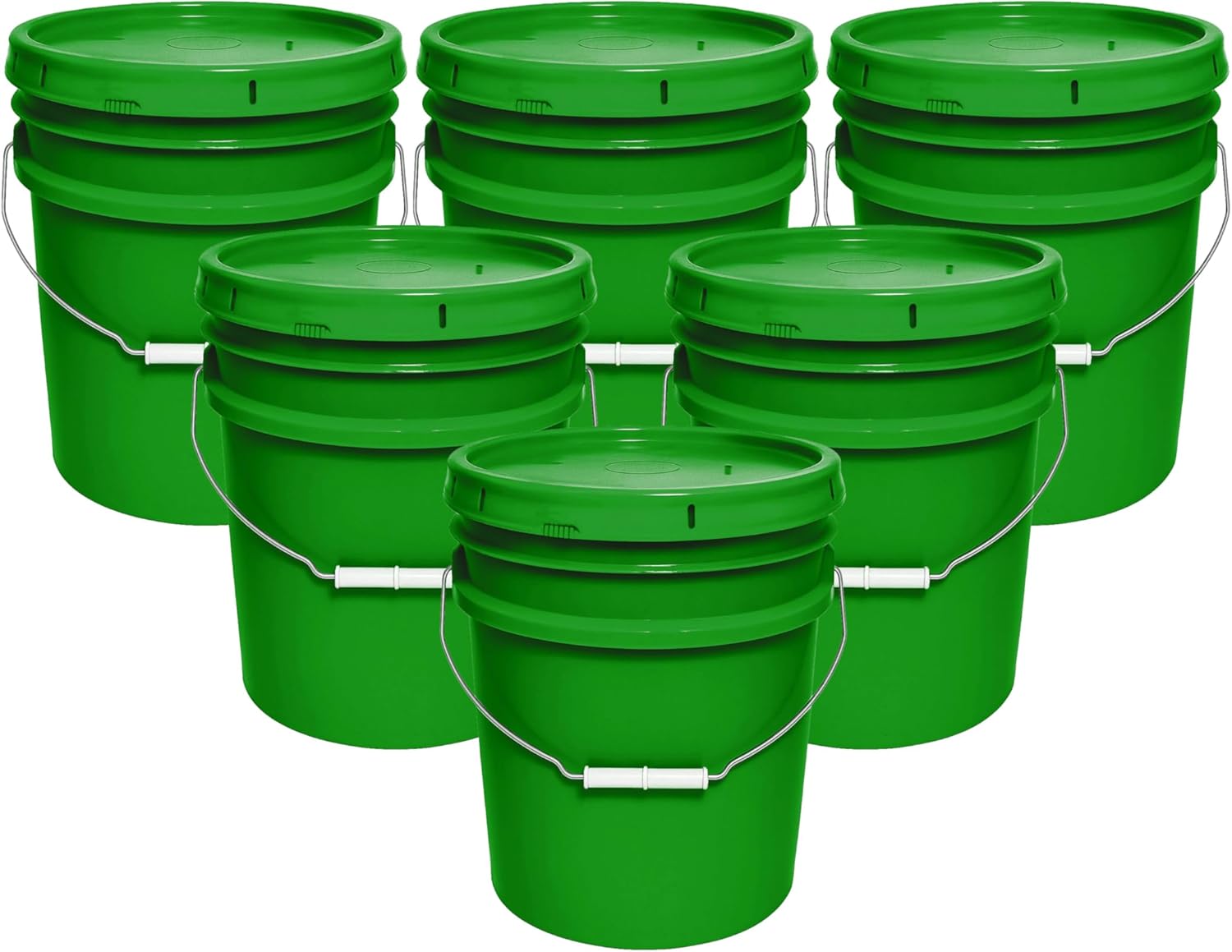 MKS Plastics 5-Gallon Bucket with Airtight Lid – Made in USA, Food Grade BPA Free Plastic, Heavy Duty Multi-Use, Metal Handle with Grip, Stackable Storage – Green, 6 Pack