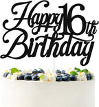 Black Glitter Happy 16th Birthday Cake Topper, Cheers to 16 Years/Level 16 unlocked/Holy Sh*t You're 16, 16th Birthday Party Decorations for Boys Girls