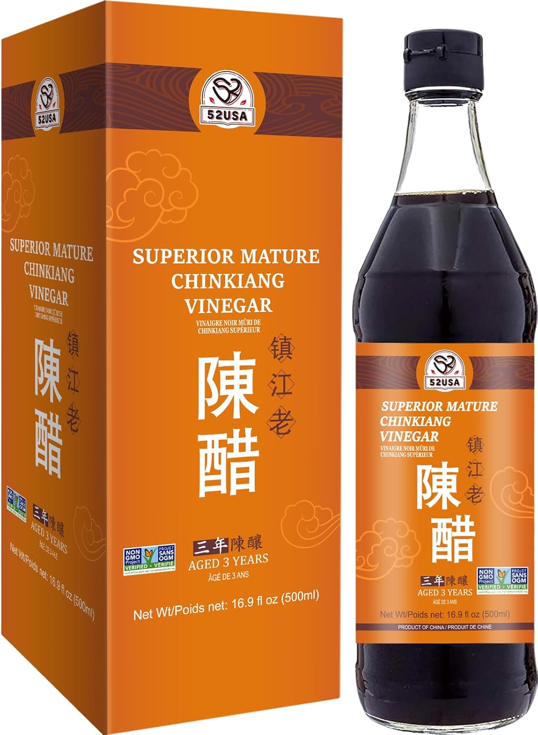 52USA Chinese Black Vinegar 16.9 fl oz (500ml), 3 Years Mature Aged Black Rice Vinegar, Chinkiang Vinegar, Zhenjiang Vinegar. Non-GMO Project Verified Vinegar