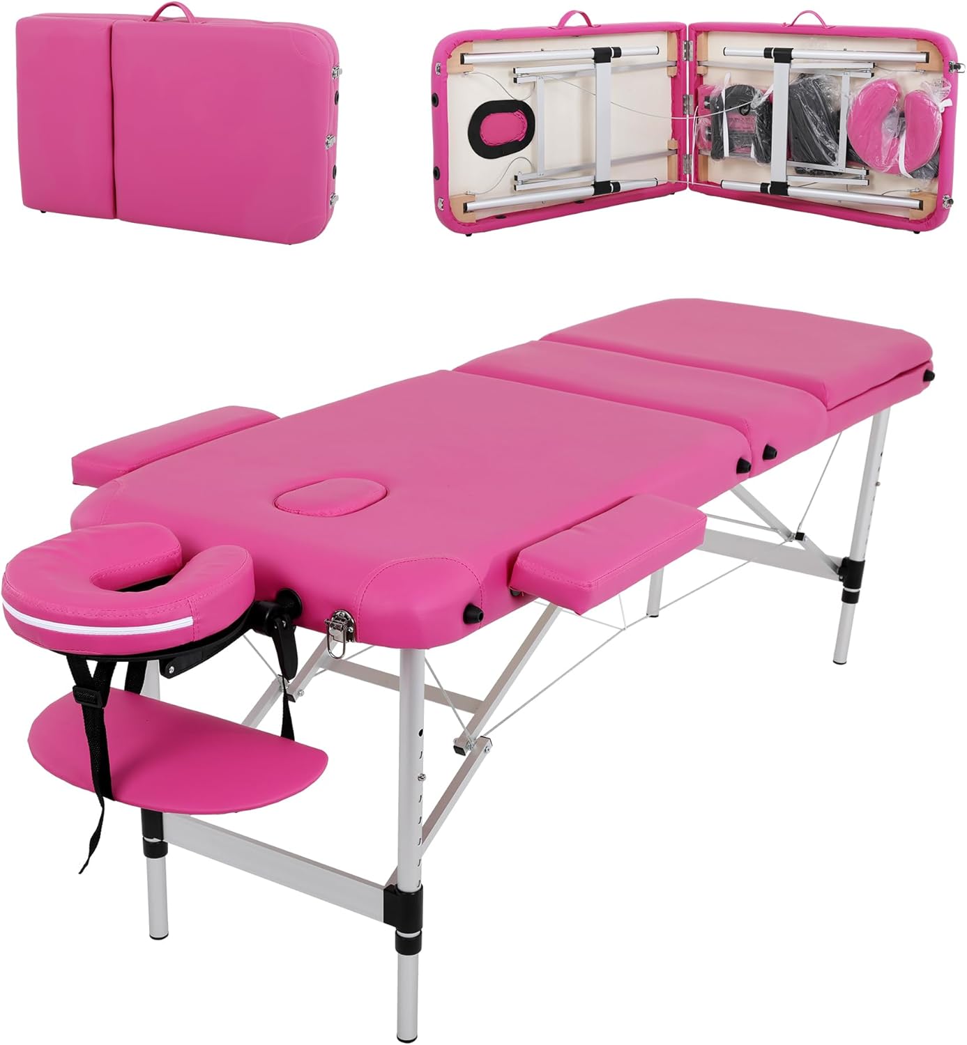 Foldable Massage Table Portable, Lash Bed with Free Accessories, Adjustable Aluminium Portable Massage Table, 73 Inchs Cushion 3 Section Reclining Massage Bed Lash Table Message Table(Pink)