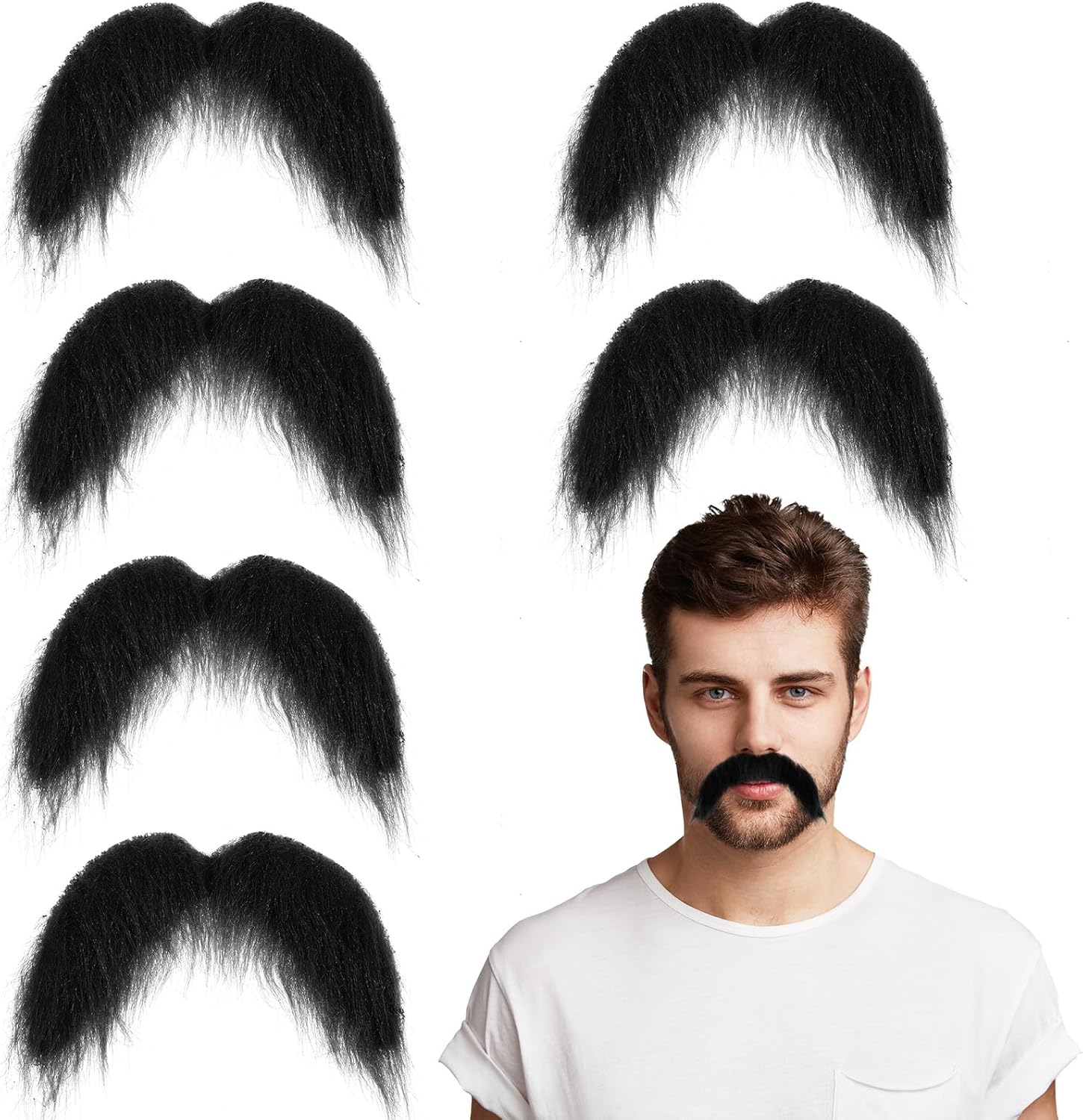 6 Pcs Black Fake Mustaches, Stick On Mustache, Realistic Fake Facial Hair, Novelty Handlebar Fakes Beard for Cosplay Costumes, Theme Party and Halloween