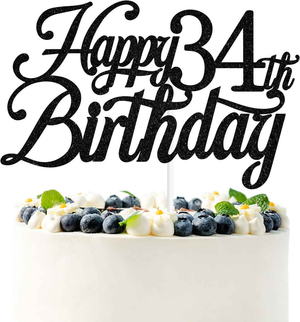 Black Glitter Happy 34th Birthday Cake Topper, Cheers to 34 Years/34 & Fabulous/34 Years Loved & Blessed, Funny 34th Birthday Party Decorations Supplies