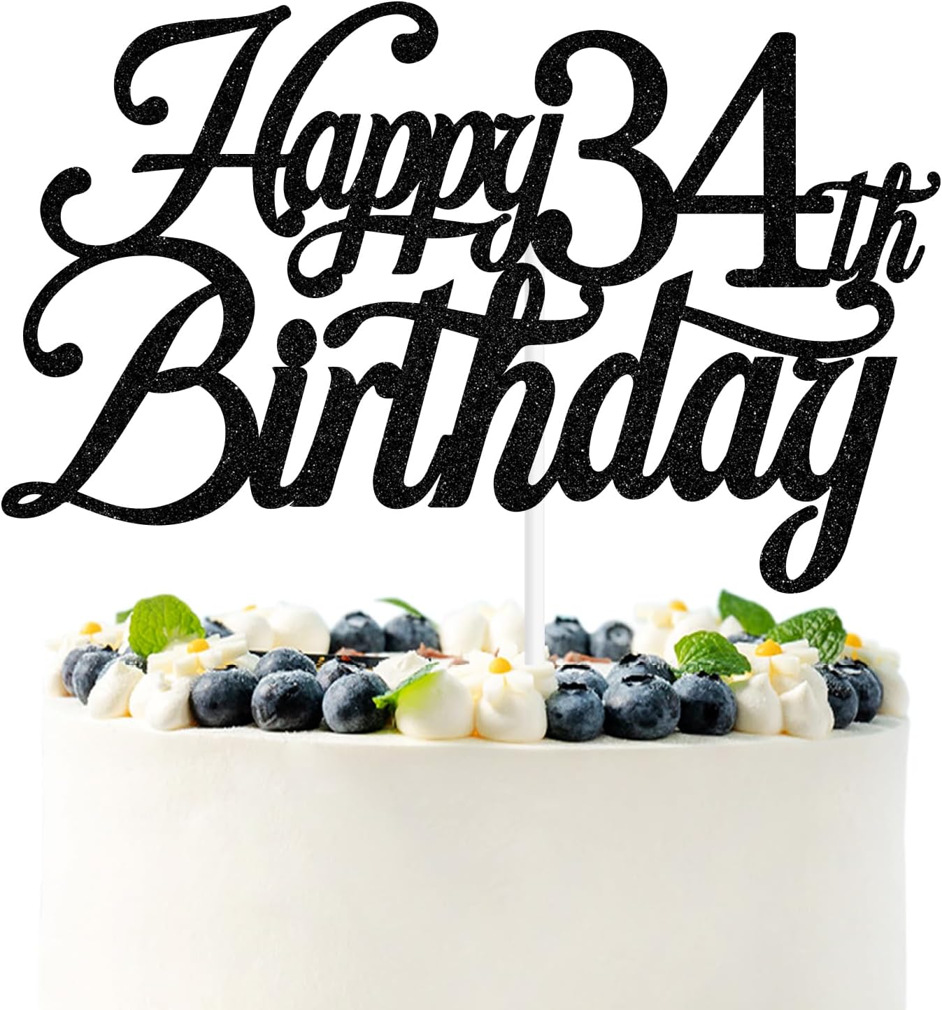 Black Glitter Happy 34th Birthday Cake Topper, Cheers to 34 Years/34 & Fabulous/34 Years Loved & Blessed, Funny 34th Birthday Party Decorations Supplies