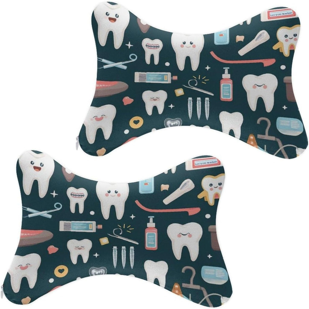 Supdreamc 2Pcs Teeth Dental Dentist Art Car Seat Neck Pillow Ergonomic Design, Comfortable Soft Memory Foam Car Seat Neck Rest Cushion Pillow for Driving Travel Car